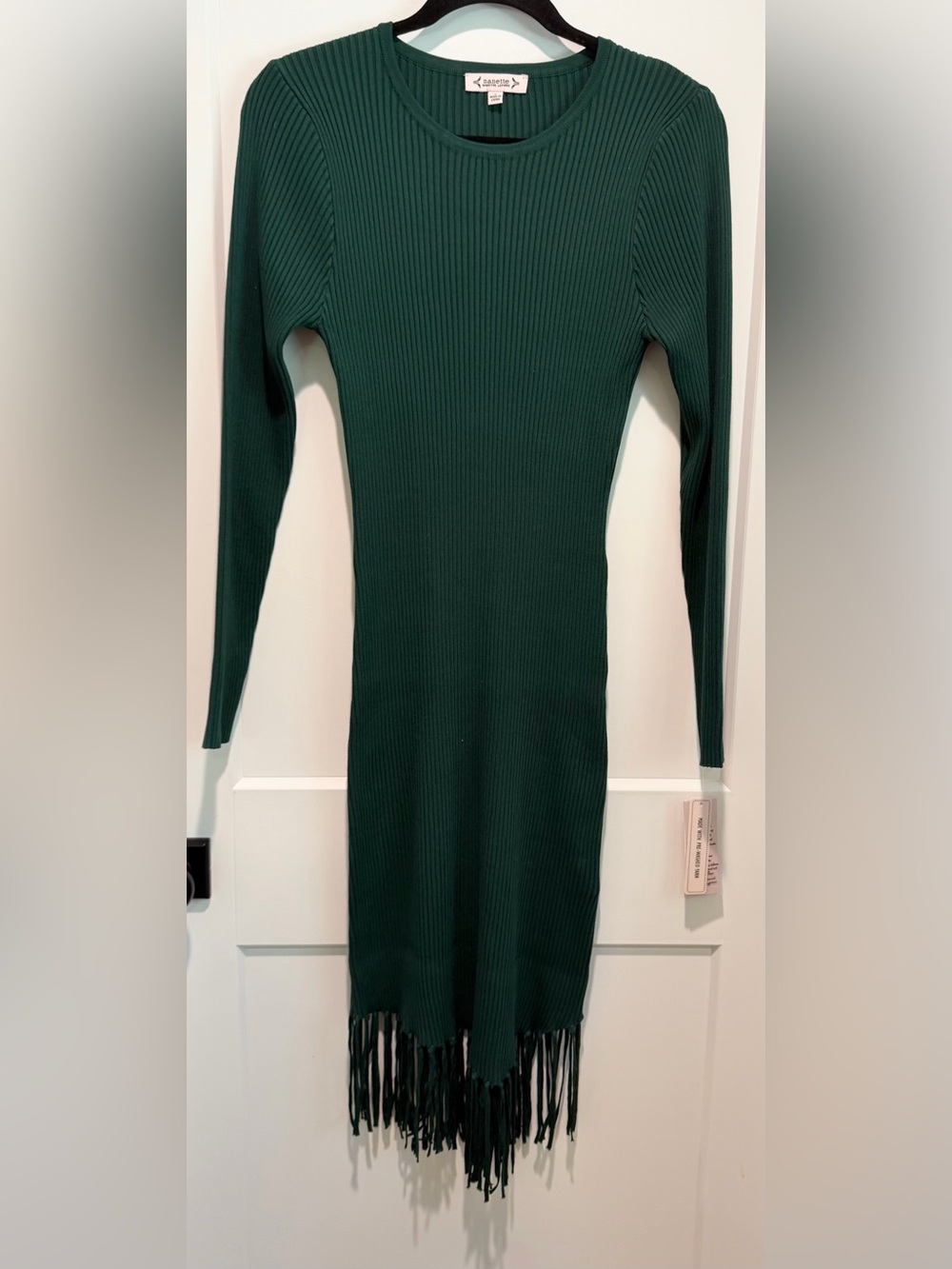 Nanette Lepore Hunter Green Ribbed Fringe Midi Sweater Dress NWT L - Picture 3 of 11